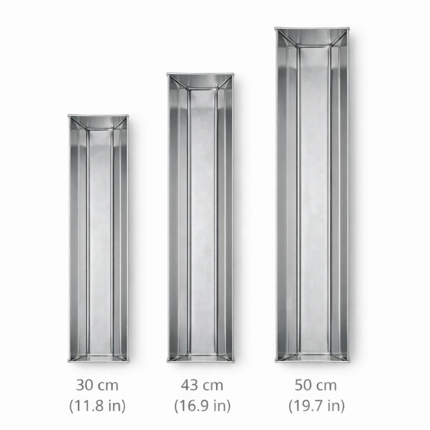 Dimensiuni forme terină din inox model trapez de 30 cm, 43 cm și 50 cm