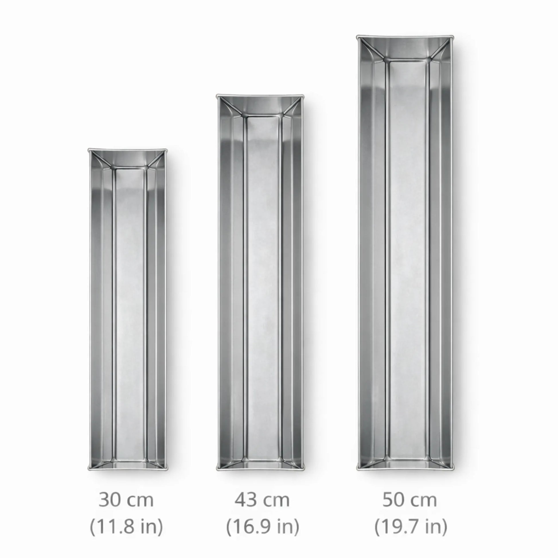 Dimensiuni forme terină din inox model trapez de 30 cm, 43 cm și 50 cm