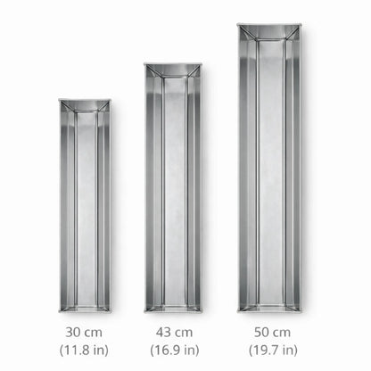 Dimensiuni forme terină din inox model trapez de 30 cm, 43 cm și 50 cm