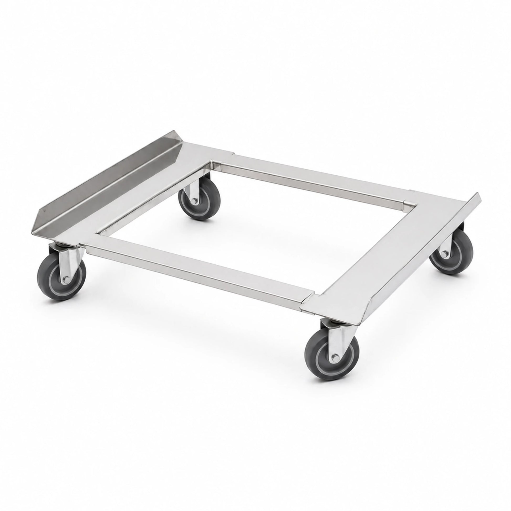 Cărucior din inox cu 4 roți pivotante pentru transport navete E2 și eurocontainere.