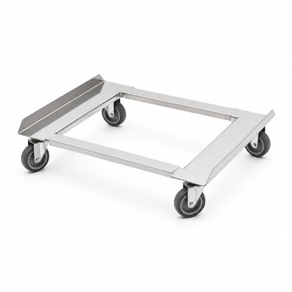 Cărucior din inox cu 4 roți pivotante pentru transport navete E2 și eurocontainere.