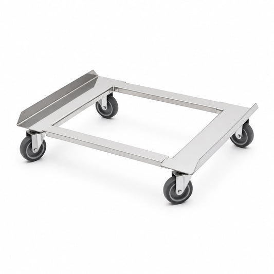 Cărucior din inox cu 4 roți pivotante pentru transport navete E2 și eurocontainere.