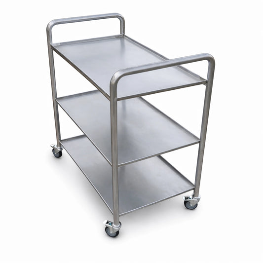 Cărucior de serviciu profesional din inox AISI 304 cu 3 polițe, perspectivă laterală