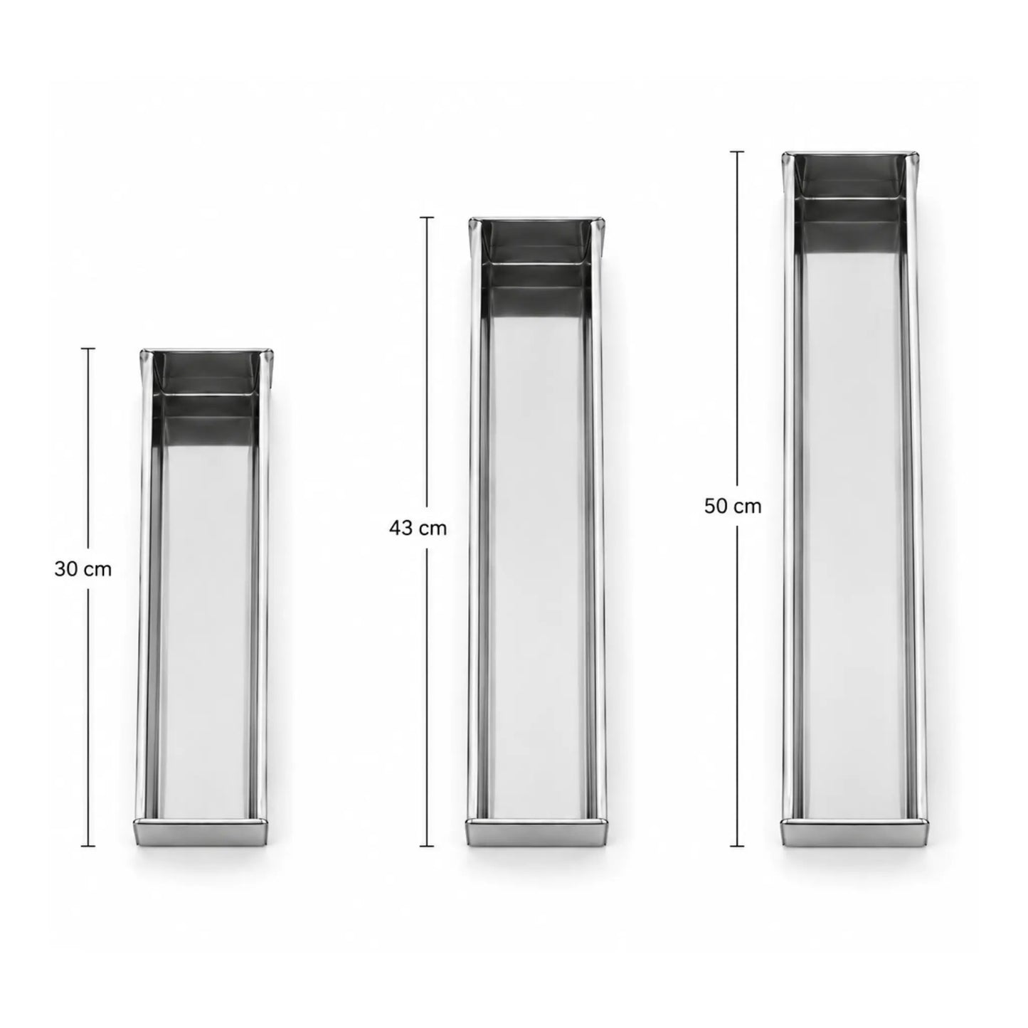Set forme terină dreptunghiulare din inox în trei dimensiuni: 30 cm, 43 cm și 50 cm