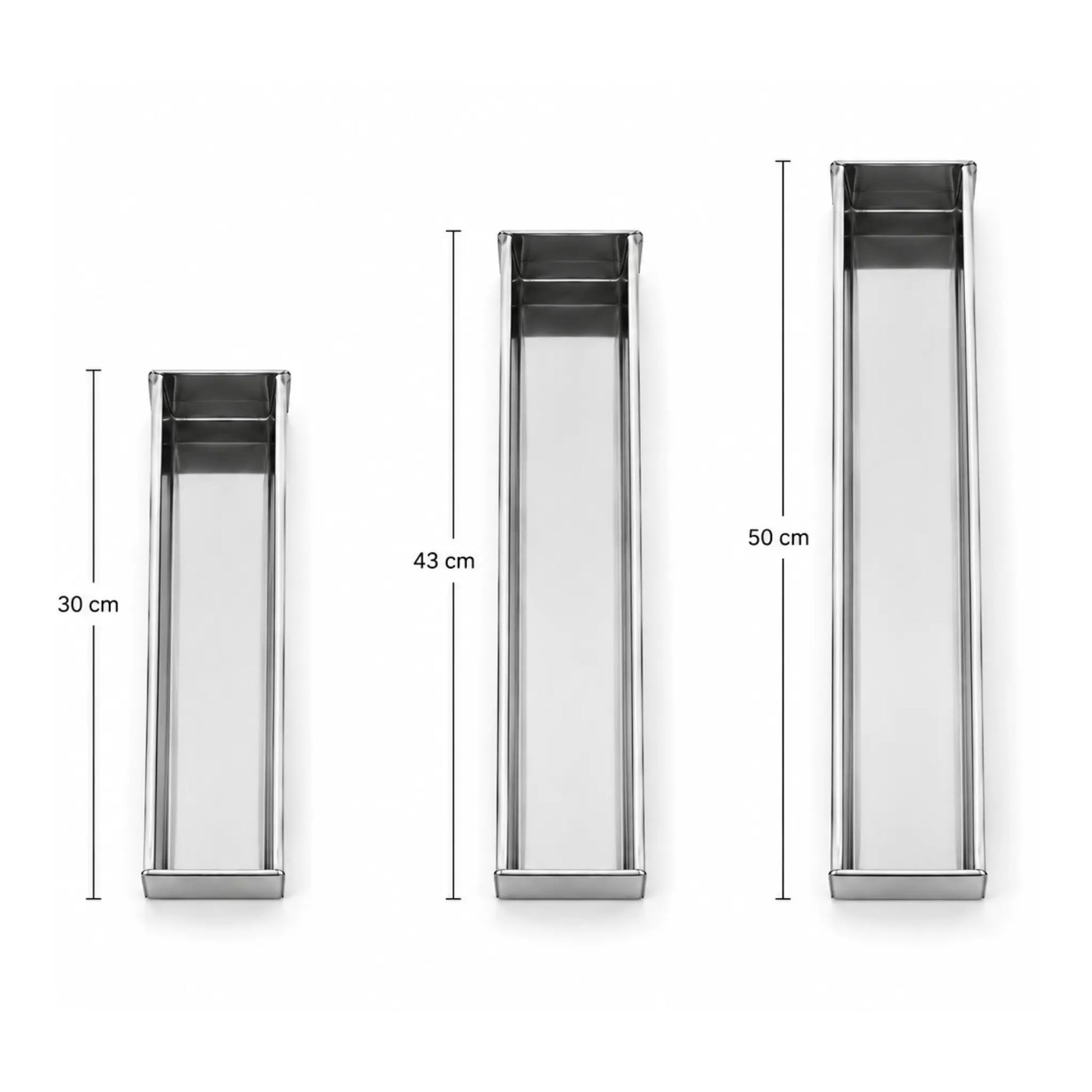Set forme terină dreptunghiulare din inox în trei dimensiuni: 30 cm, 43 cm și 50 cm