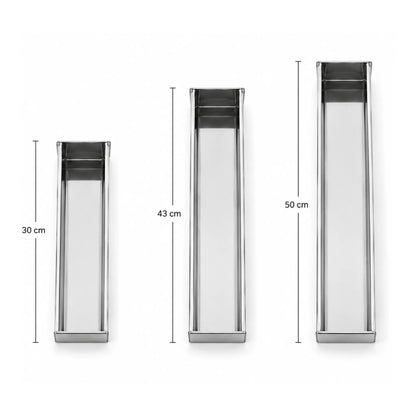 Set forme terină dreptunghiulare din inox în trei dimensiuni: 30 cm, 43 cm și 50 cm