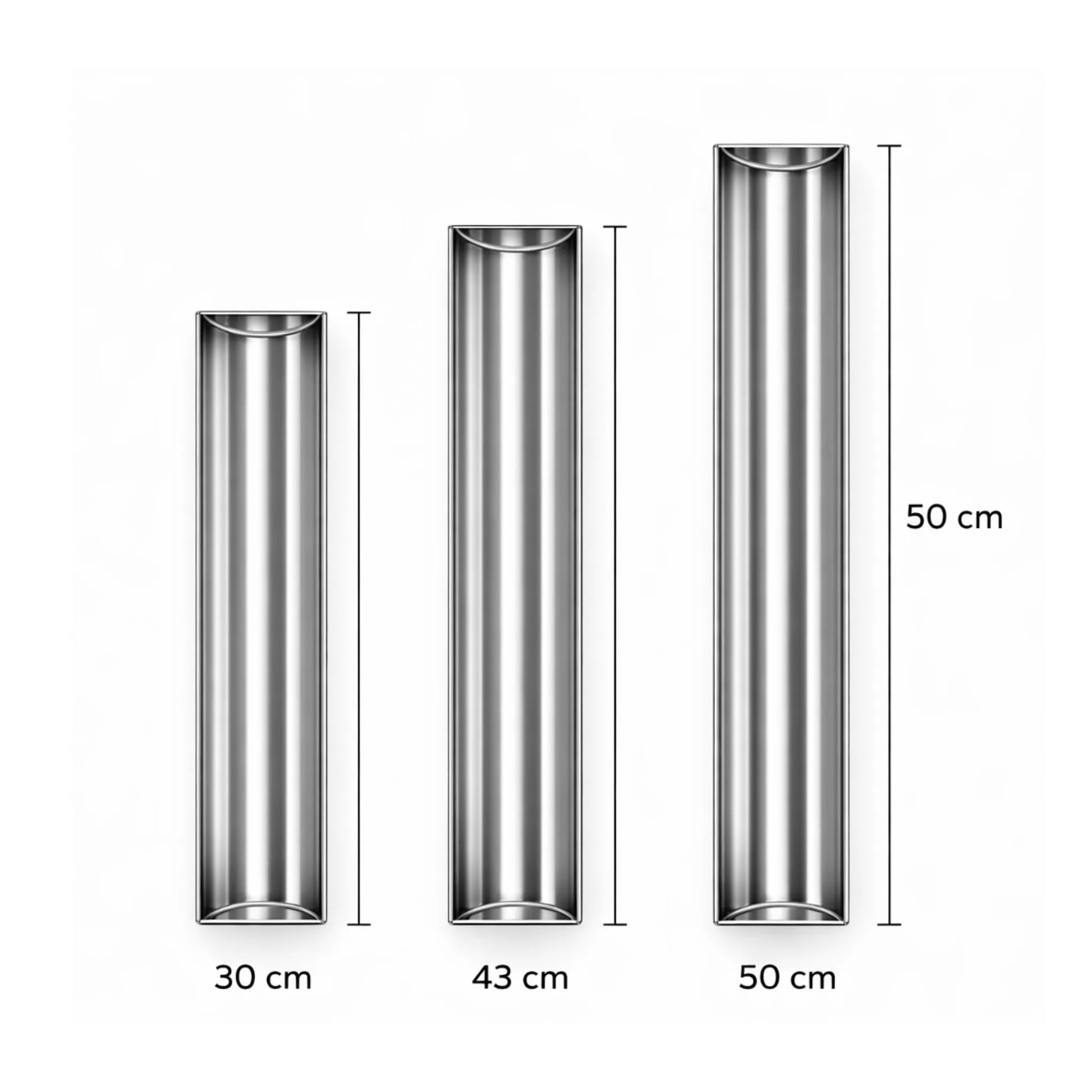 Dimensiuni forme terină din inox model U semicerc de 30 cm, 43 cm și 50 cm