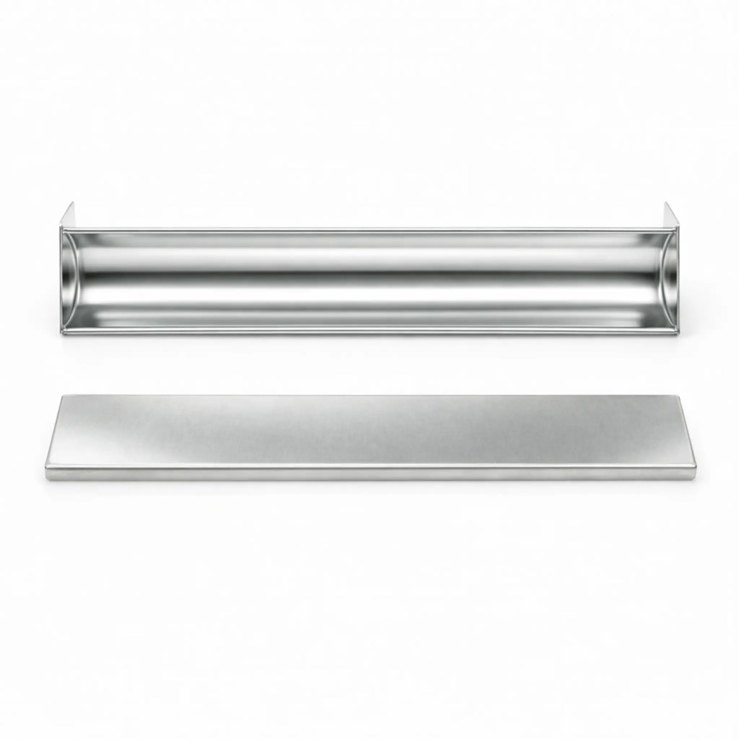 Formă terină semicirculară în formă de U din inox AISI 304 și capac văzute de sus pe fundal alb