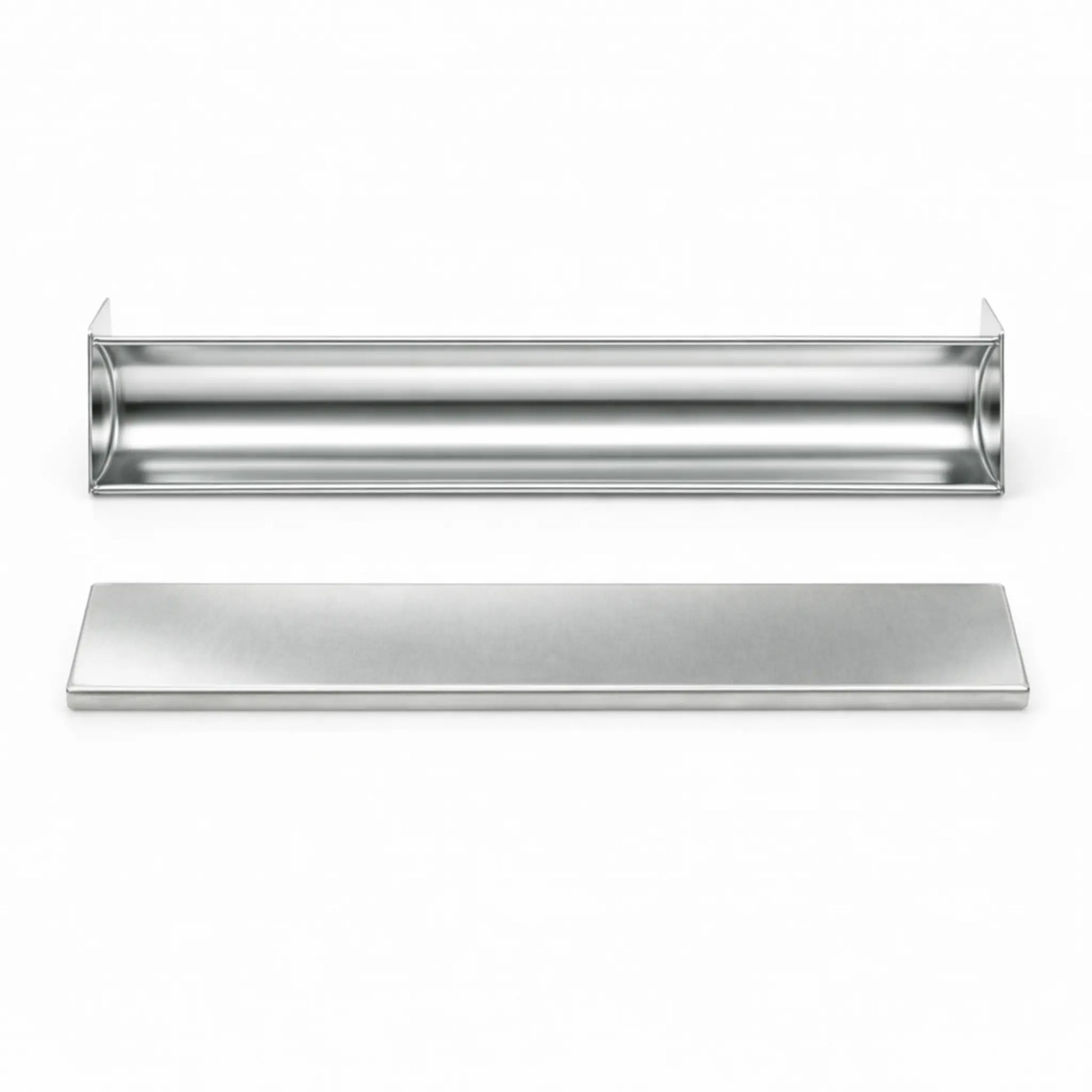 Formă terină semicirculară în formă de U din inox AISI 304 și capac văzute de sus pe fundal alb