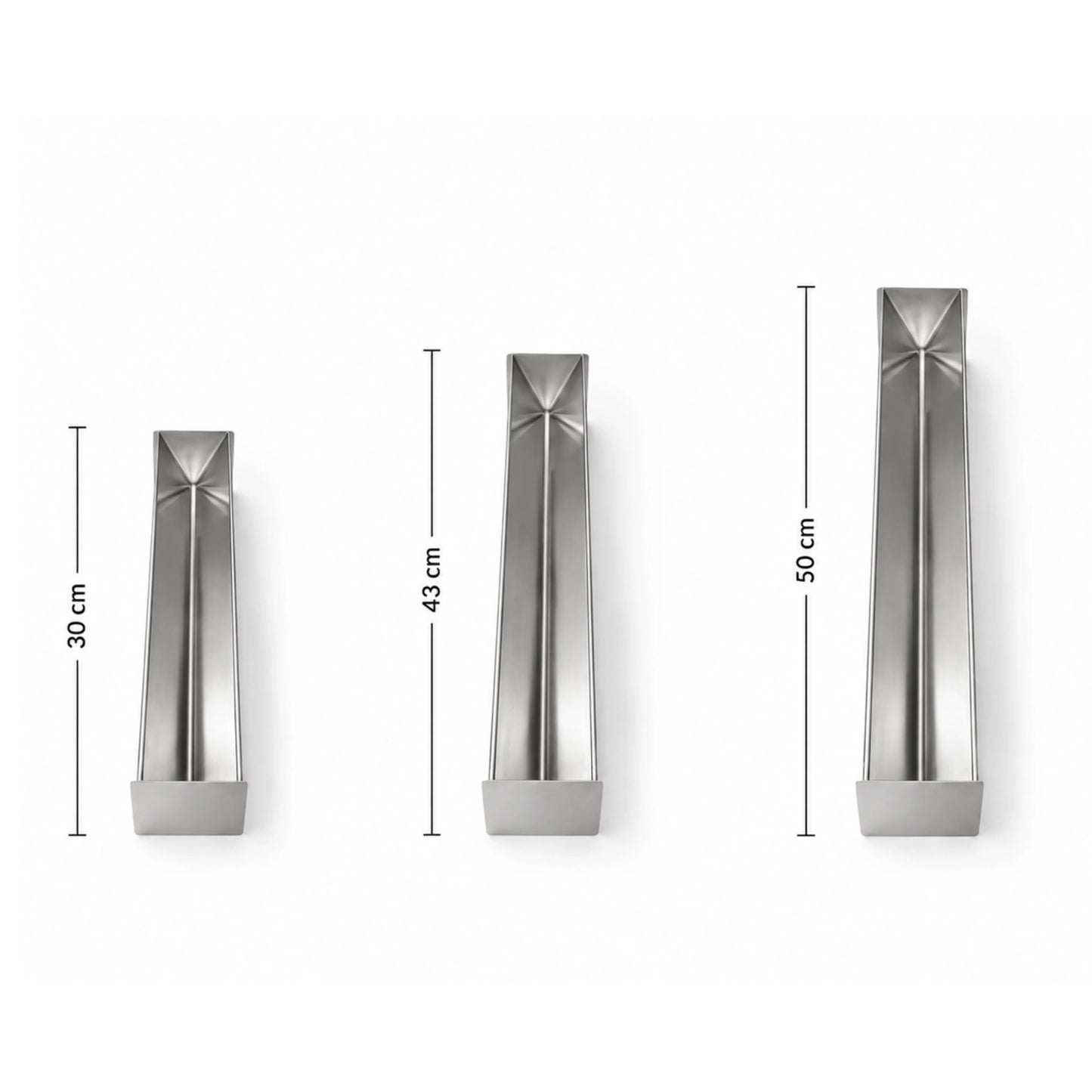 Set forme terină triunghiulare din inox în trei dimensiuni: 30 cm, 43 cm și 50 cm