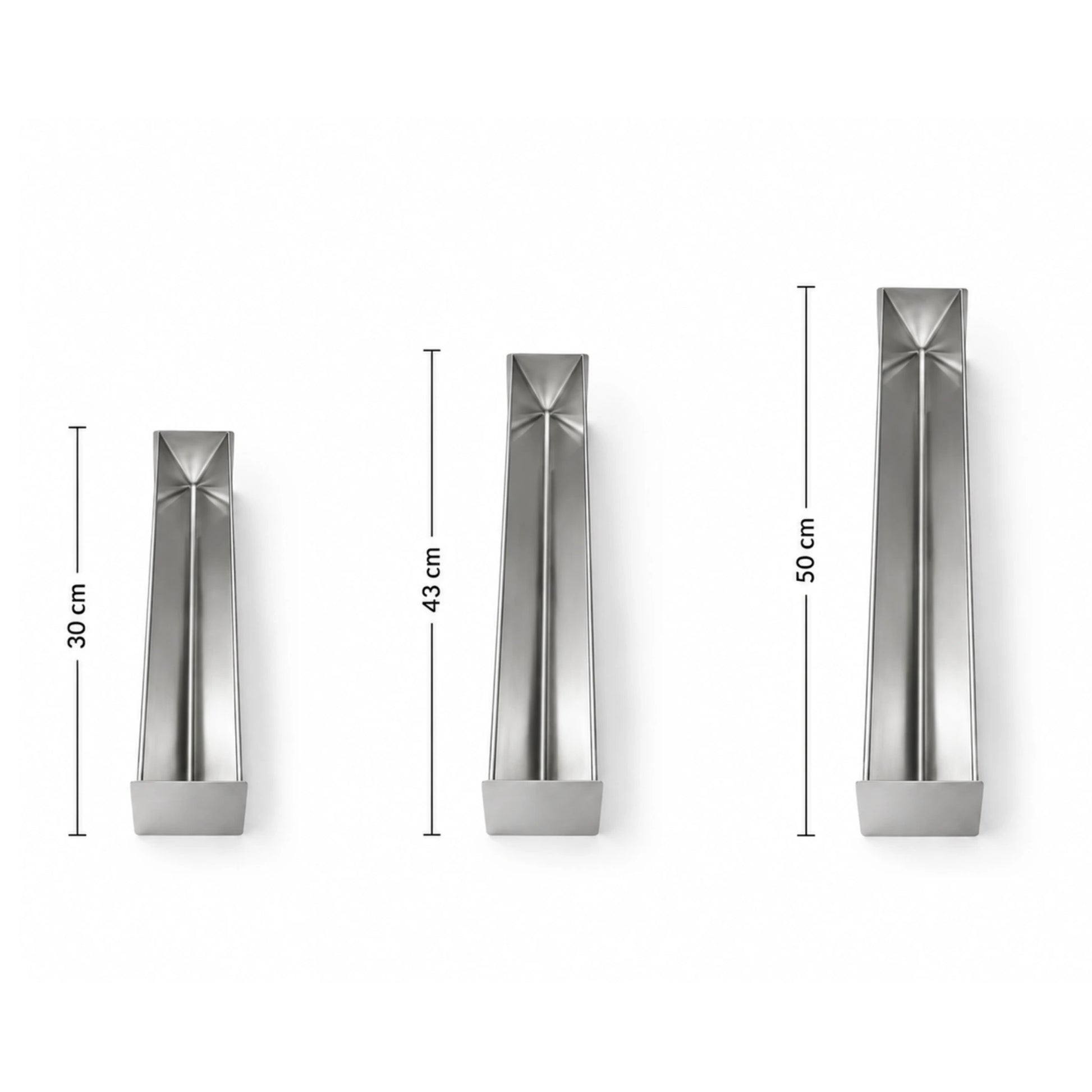 Set forme terină triunghiulare din inox în trei dimensiuni: 30 cm, 43 cm și 50 cm
