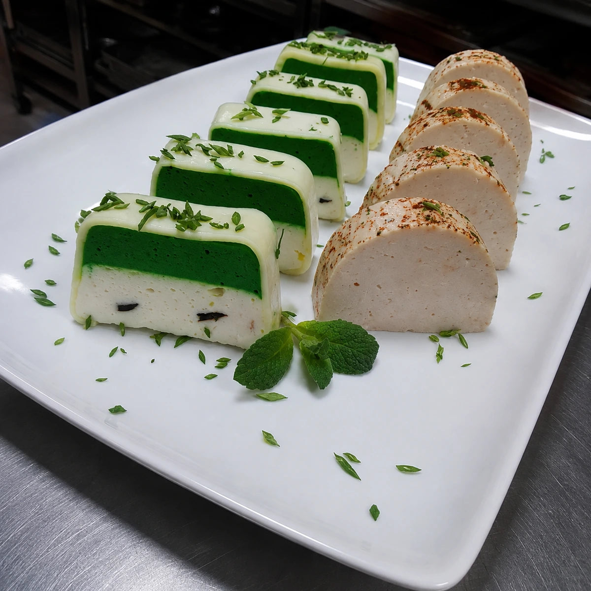 Platou alb rectangular cu feliuțe de terină stratificată verde-alb și rulouri condimentate, ornate fin cu verdeață.