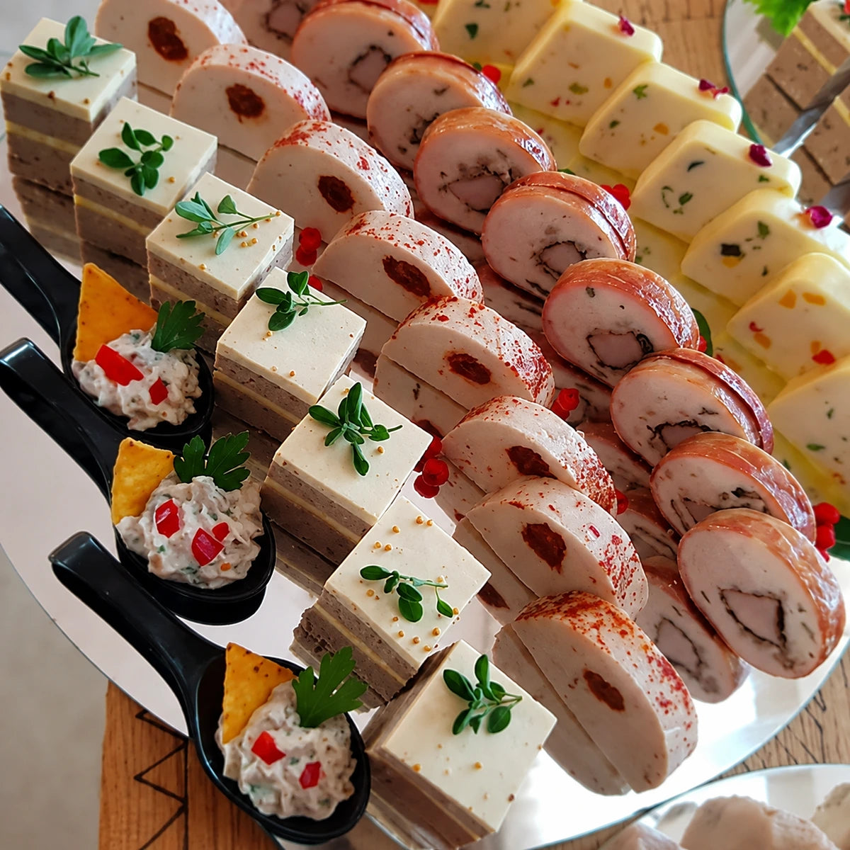 Platou elegant cu selecție de terine geometrice, rulouri aperitiv și lingurițe degustare pregătite pentru evenimente speciale.