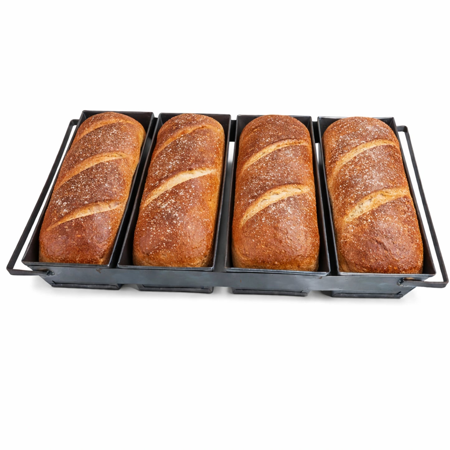 Tavă din oțel negru pentru coacere la baterie de 4 franzele cu pâine coaptă, prezentare produs