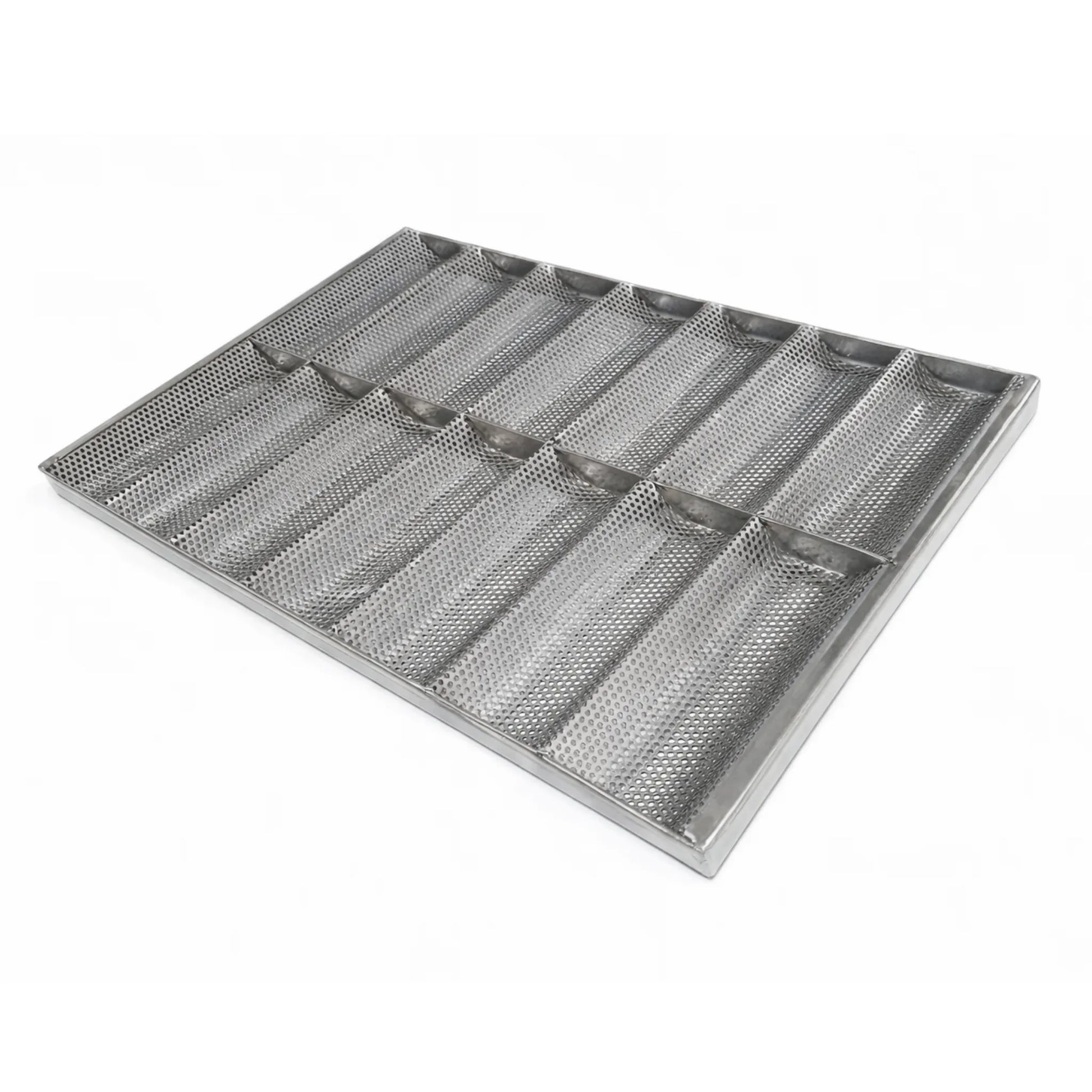 Tavă perforată pentru baghete din inox cu 14 canale, dimensiune 600x400x30 mm, vedere generală